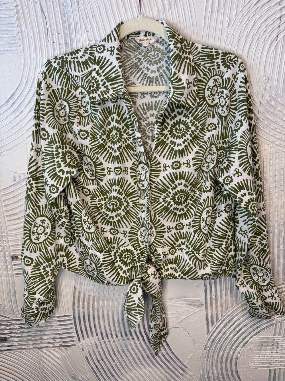 Haute Hippie Green Printed Tie-Front Button Down Blouse N0476
